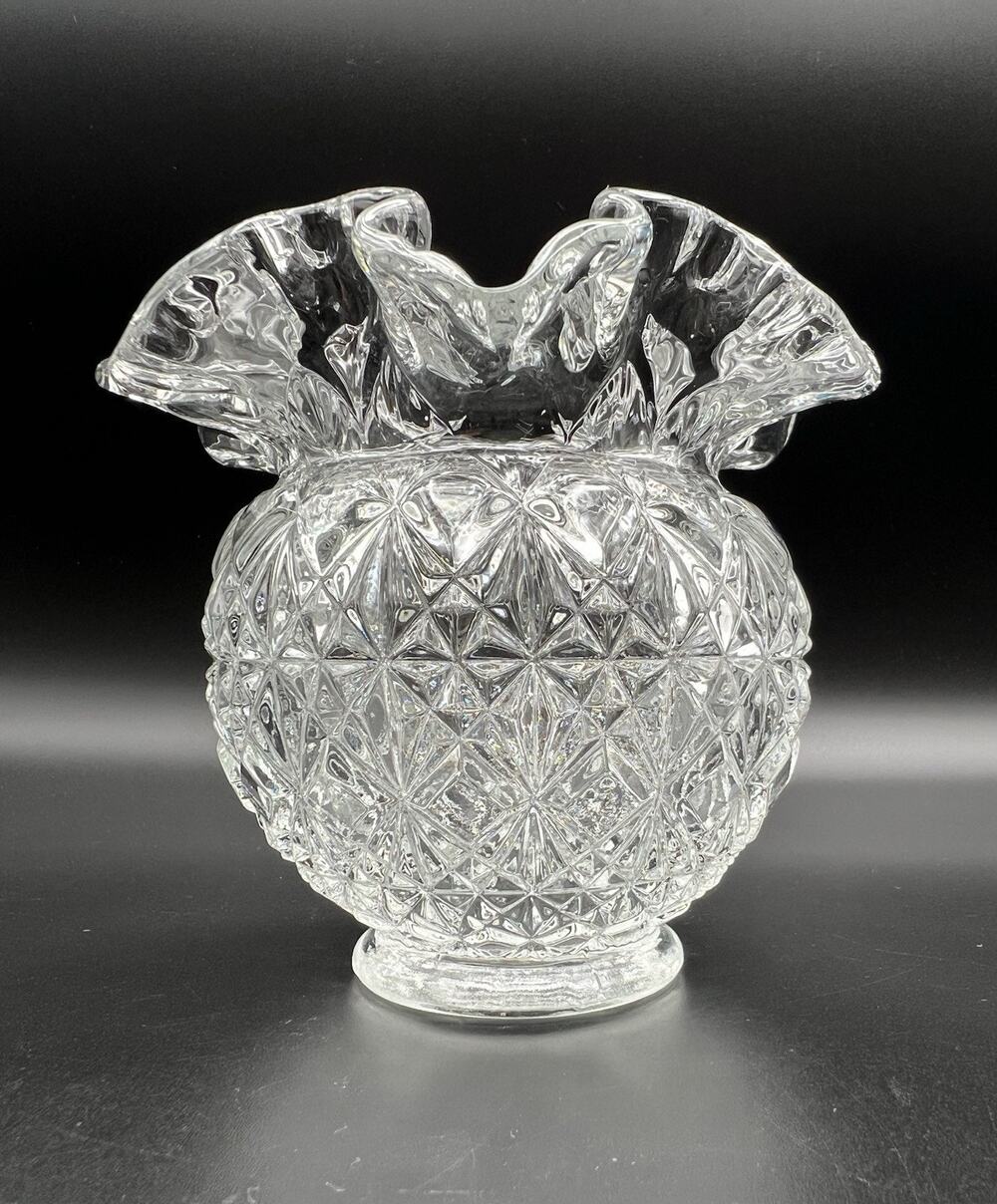 Fenton Diamond Pattern Ruffled Top Clear Glass Rose Bowl Vase 4.5” Vintage